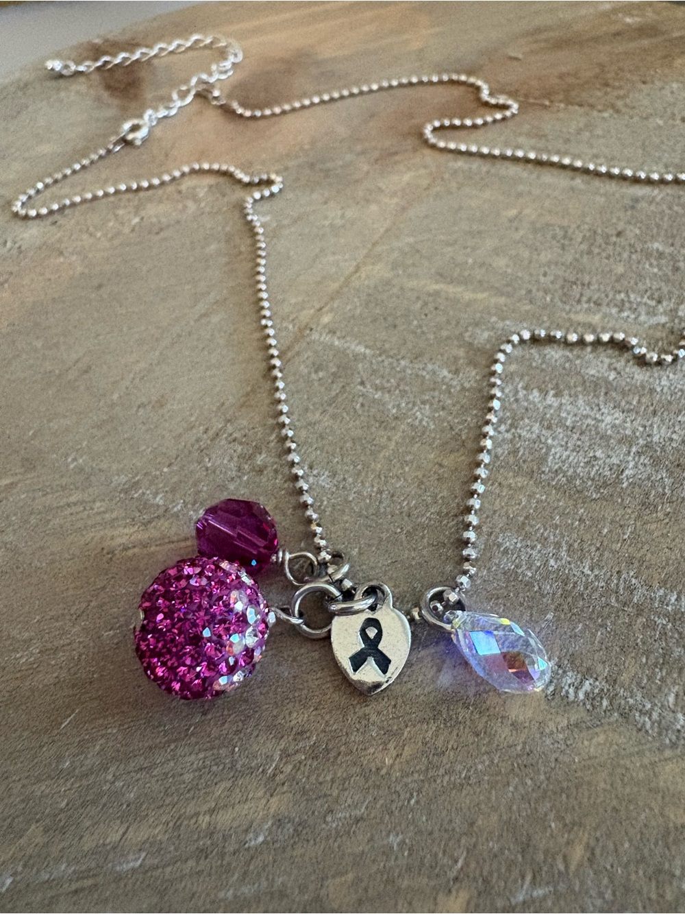 Hillberg and Berk Sparkle Ball Charm Necklace with Cancer Awareness Charm.